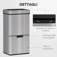 Pattumiera 72L a 3 Scomparti con Sensore Infrarossi e Apertura Automatica, in Acciaio e ABS, 42x30x81 cm