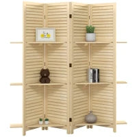 Paravento Interno a 4 Pannelli 160L x 170H cm, 3 Mensole Pieghevoli, Separatore di Ambiente, Porte a Persiana, Naturale