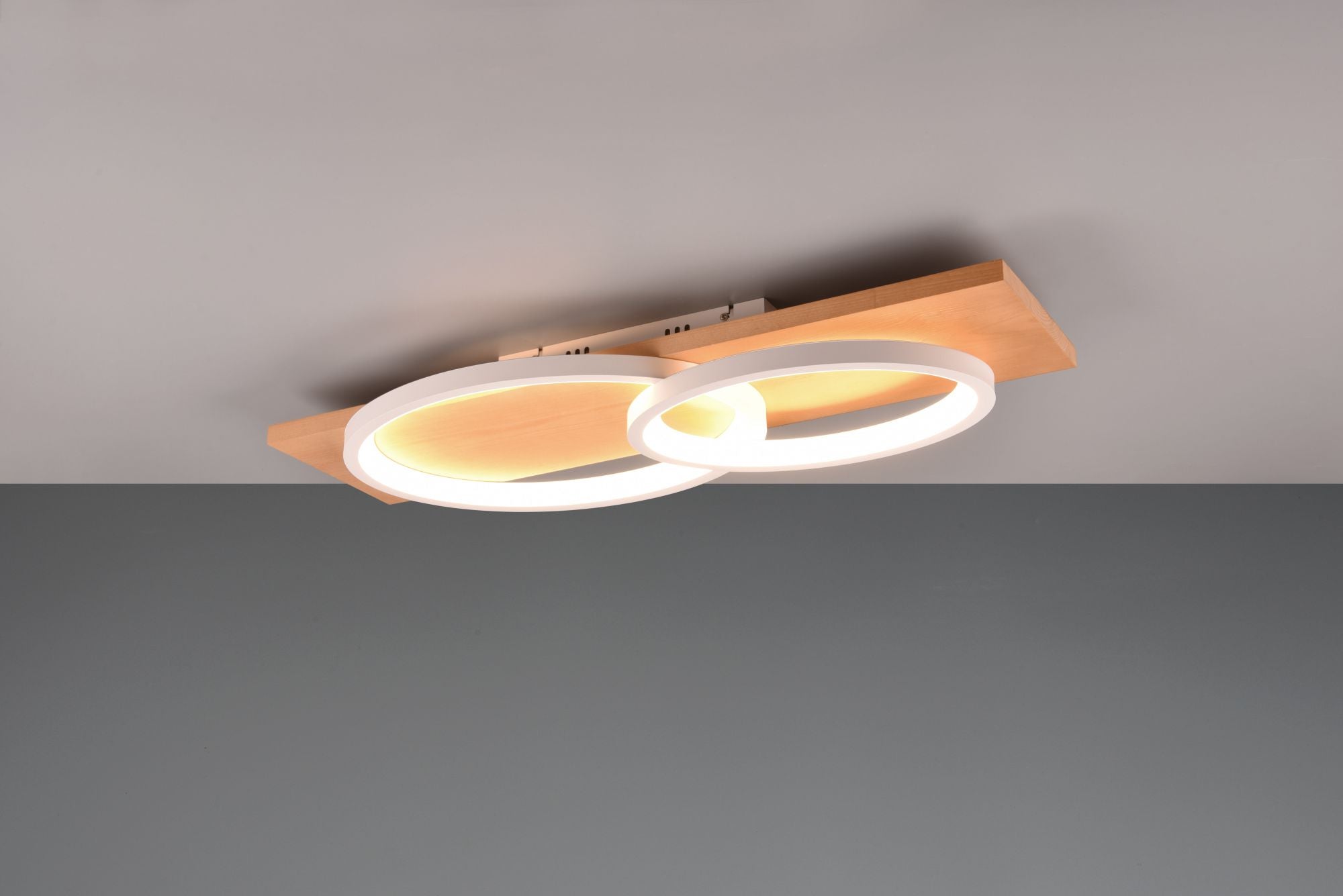 BARCA PLAFONIERA LED 30W 3500lm, 3000K DOPPIA ELLISSE METALLO BIANCO E LEGNO NATURALE CON DIMMERAZIONE AD INTERRUTTORE L. 75CM