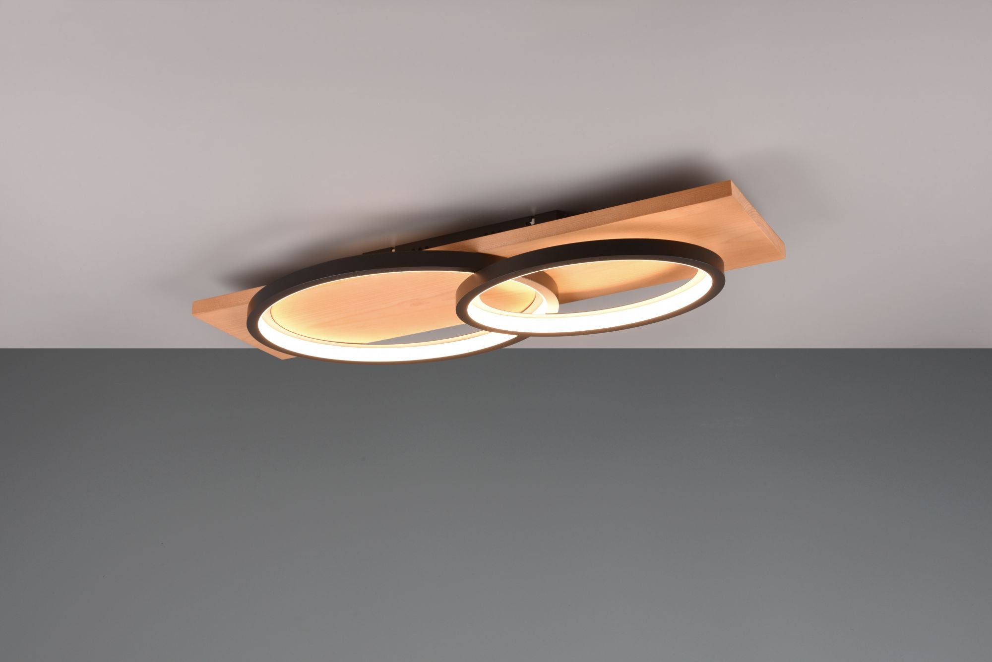 BARCA PLAFONIERA LED 30W 3500lm, 3000K DOPPIA ELLISSE METALLO NERO E LEGNO NATURALE CON DIMMERAZIONE AD INTERRUTTORE L. 75CM