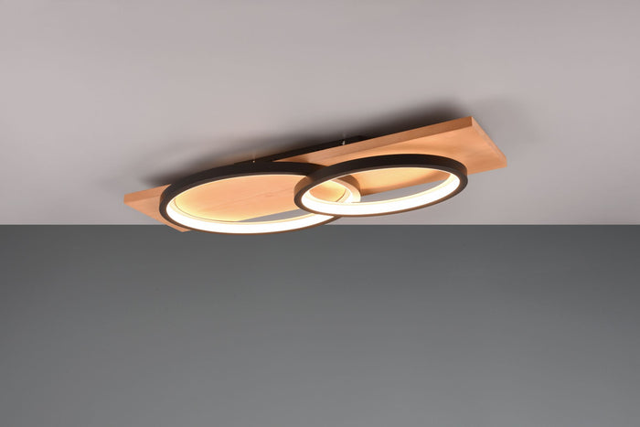 BARCA PLAFONIERA LED 30W 3500lm, 3000K DOPPIA ELLISSE METALLO NERO E LEGNO NATURALE CON DIMMERAZIONE AD INTERRUTTORE L. 75CM