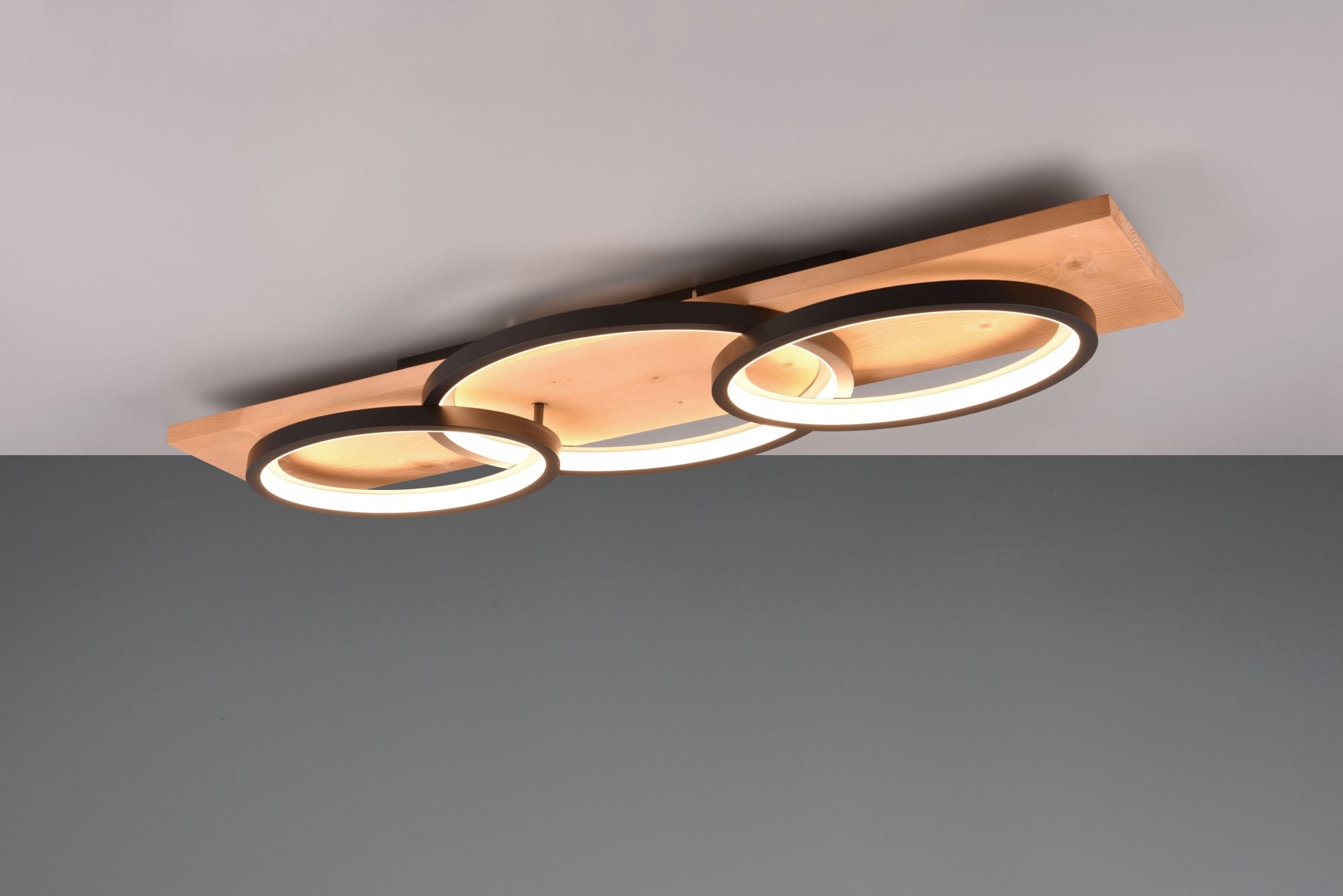 BARCA PLAFONIERA LED 40W 4700lm, 3000K TRIPLA ELLISSE METALLO BIANCO E LEGNO NATURALE CON DIMMERAZIONE AD INTERRUTTORE L. 97CM