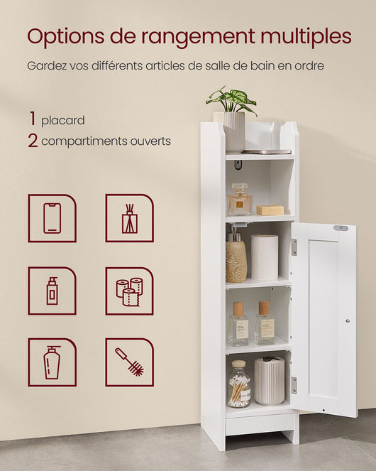 Mobiletto da bagno mobiletto per WC 18 x 20 x 80 cm mobiletto sottile mobiletto alto ripiani regolabili salvaspazio montaggio facile bianco 12_0006469