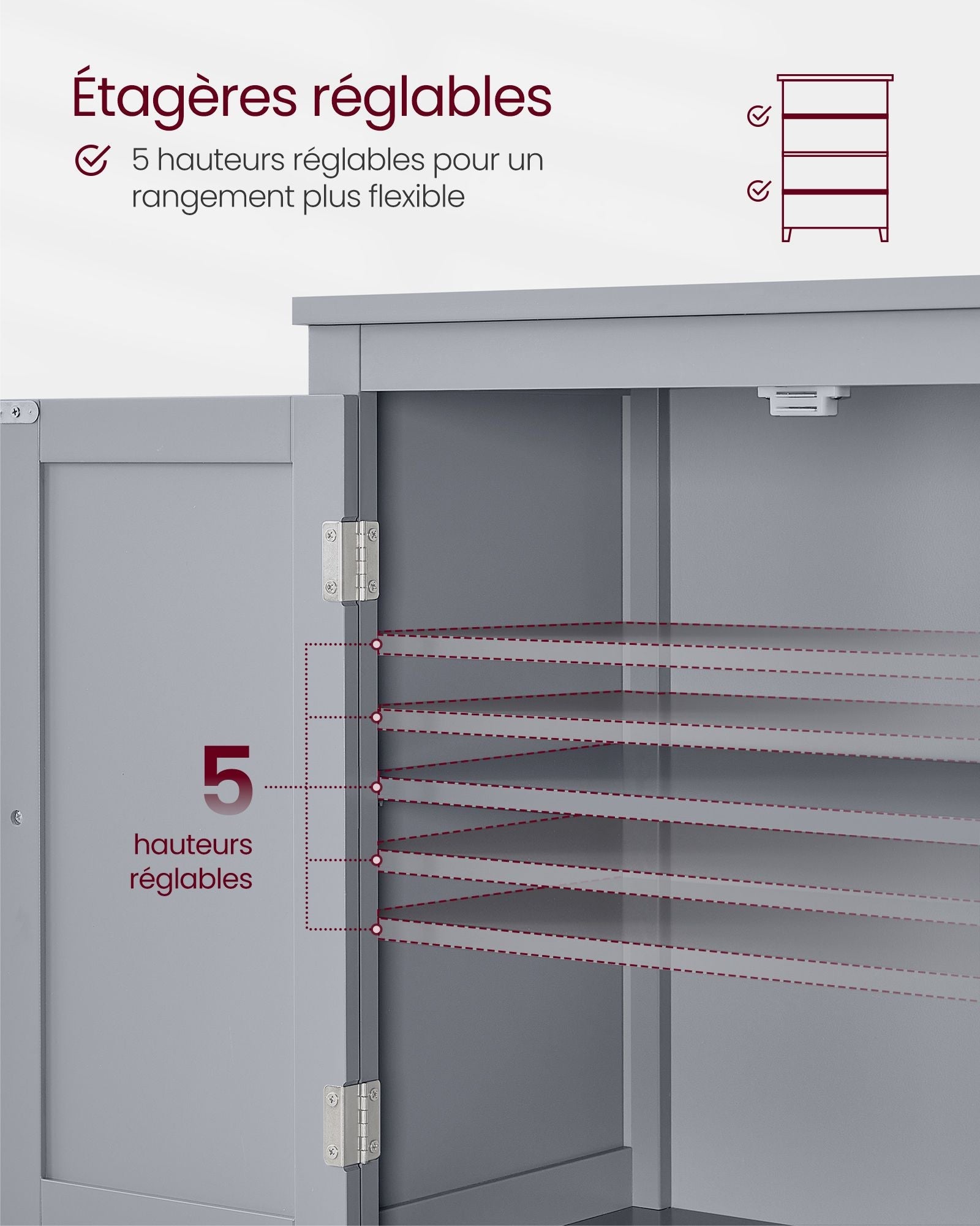 Mobiletto da bagno mobiletto da cucina mobiletto con 2 cassetti e 2 ante ripiani regolabili 30 x 60 x 110 cm grigio 12_0004025