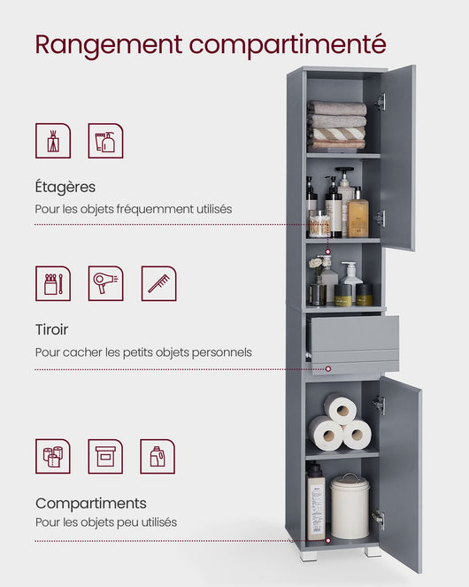 Mobiletto bagno colonna contenitore con cassetto ripiani regolabili scomparti 30 x 30 x 170 cm grigio 12_0004019