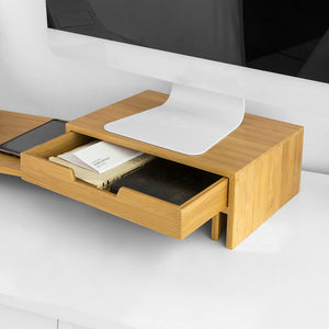 Supporto Monitor pc da scrivania per 2 Monitors Angoli Girevole con 2 cassetti e Gomma Antiscivolo in Legno massello di bambù BBF04-N