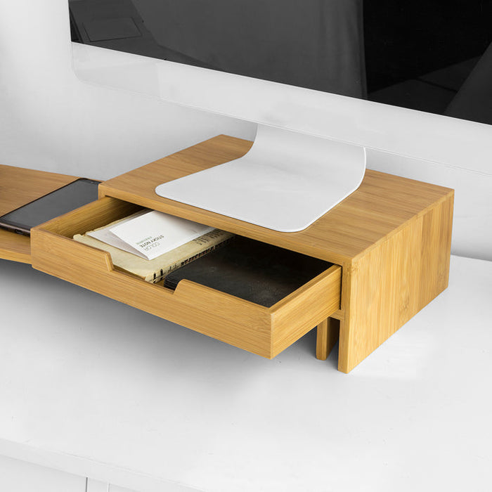 Supporto Monitor pc da scrivania per 2 Monitors Angoli Girevole con 2 cassetti e Gomma Antiscivolo in Legno massello di bambù BBF04-N