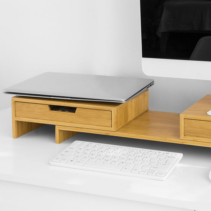 Supporto Monitor pc da scrivania per 2 Monitors Angoli Girevole con 2 cassetti e Gomma Antiscivolo in Legno massello di bambù BBF04-N