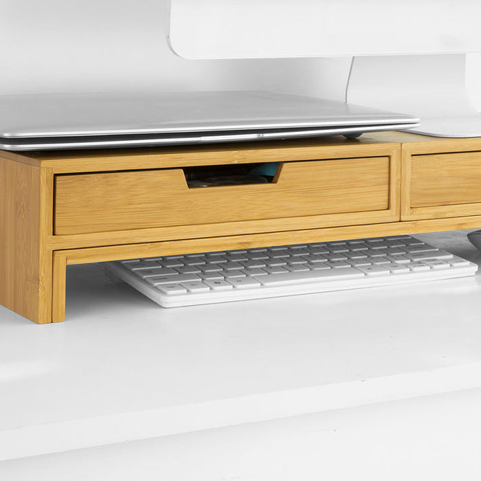 Supporto Monitor pc da scrivania per 2 Monitors Angoli Girevole con 2 cassetti e Gomma Antiscivolo in Legno massello di bambù BBF04-N