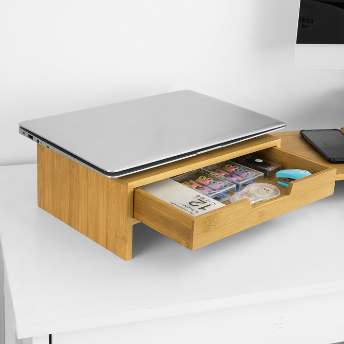 Supporto Monitor pc da scrivania per 2 Monitors Angoli Girevole con 2 cassetti e Gomma Antiscivolo in Legno massello di bambù BBF04-N