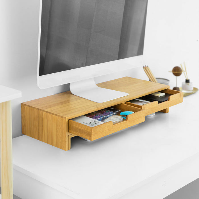 Supporto Monitor pc da scrivania per 2 Monitors Angoli Girevole con 2 cassetti e Gomma Antiscivolo in Legno massello di bambù BBF04-N