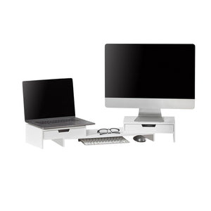 Supporto Monitor pc da scrivania per 2 Monitors Angoli Girevole con 2 Organizzatore cassetti Supporto per Monitor di bambù Bianco BBF04-W