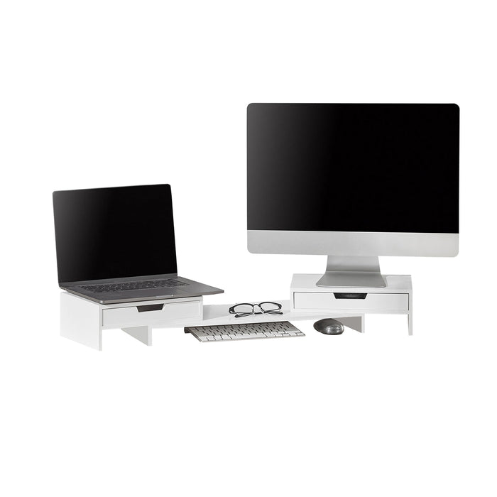 Supporto Monitor pc da scrivania per 2 Monitors Angoli Girevole con 2 Organizzatore cassetti Supporto per Monitor di bambù Bianco BBF04-W