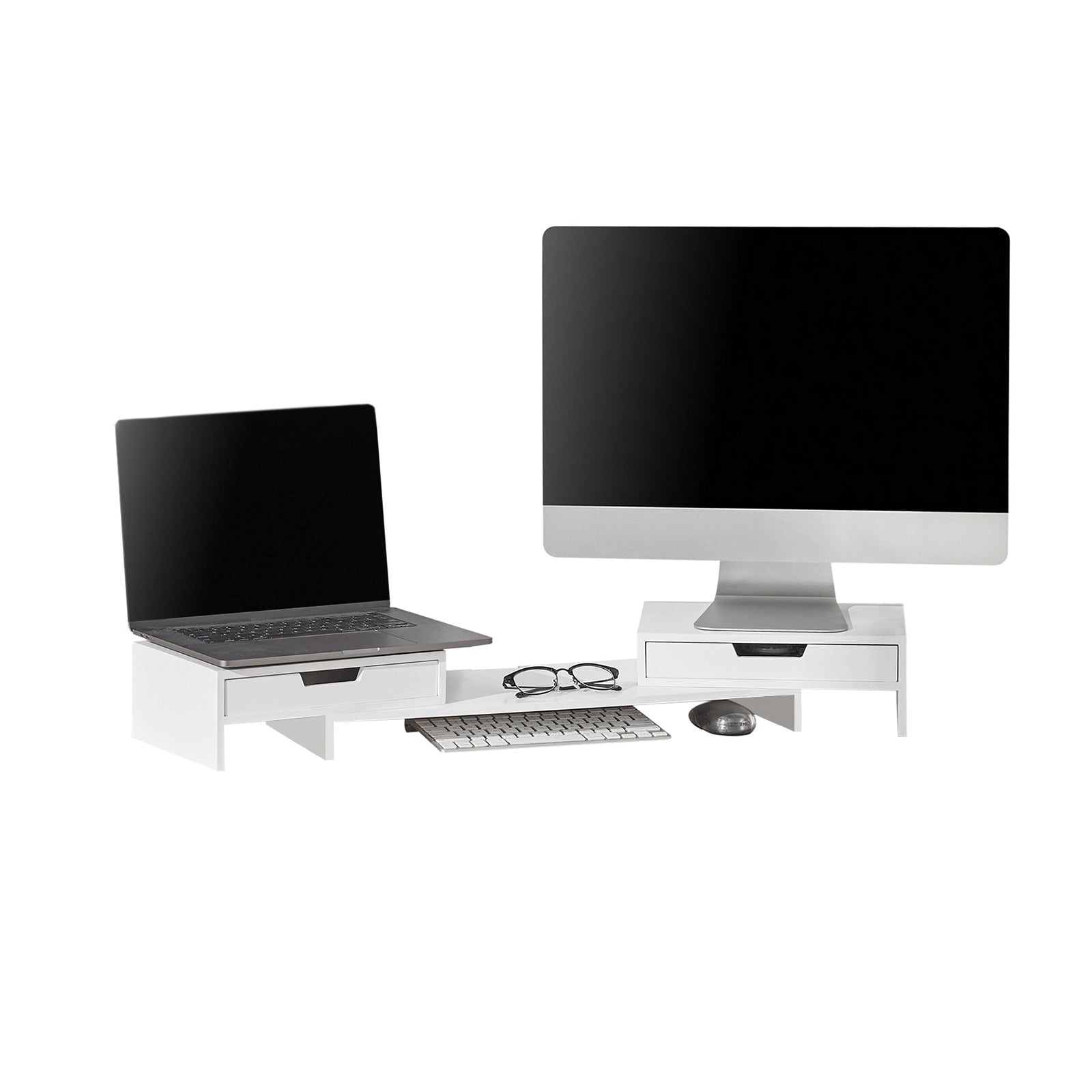 Supporto Monitor pc da scrivania per 2 Monitors Angoli Girevole con 2 Organizzatore cassetti Supporto per Monitor di bambù Bianco BBF04-W