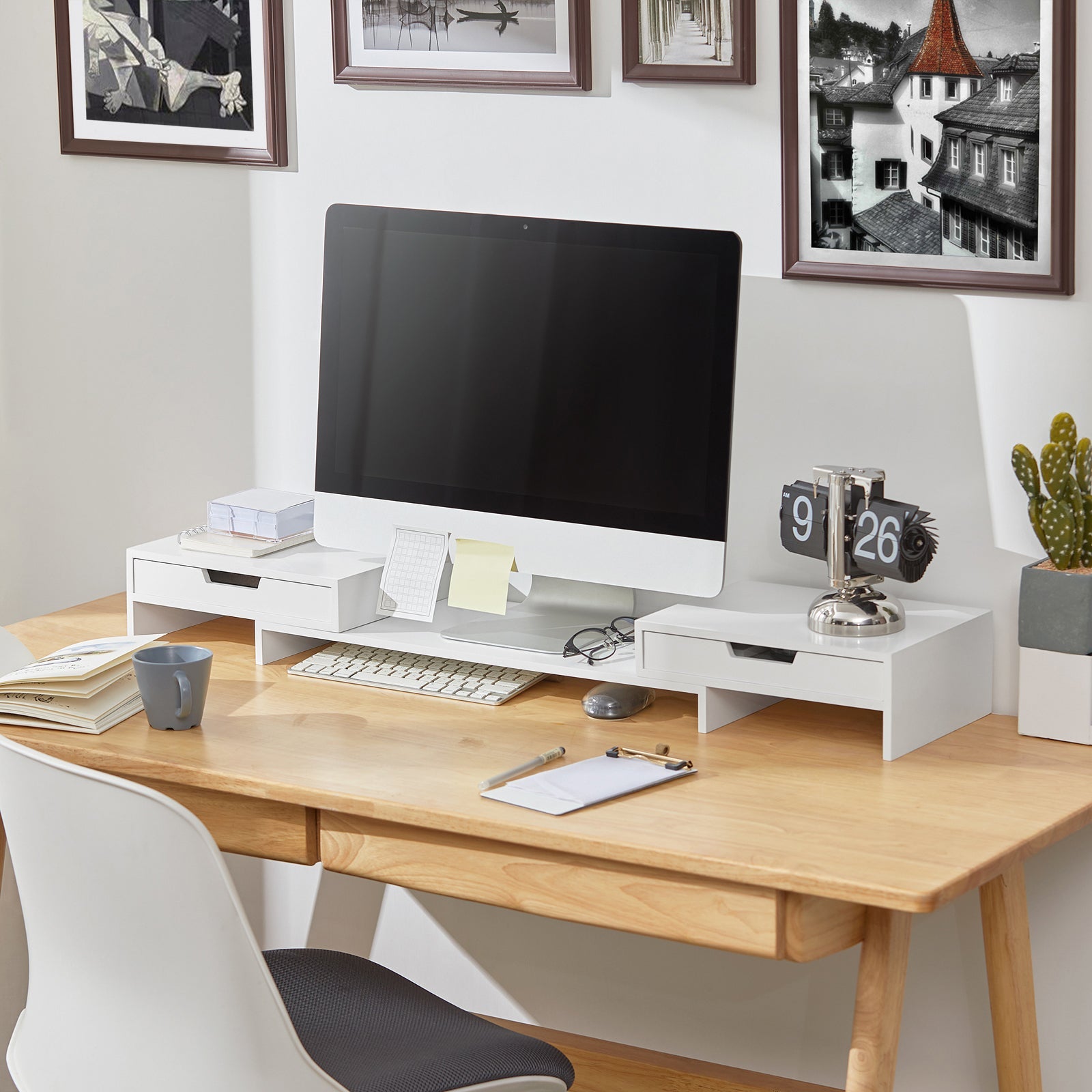 Supporto Monitor pc da scrivania per 2 Monitors Angoli Girevole con 2 Organizzatore cassetti Supporto per Monitor di bambù Bianco BBF04-W