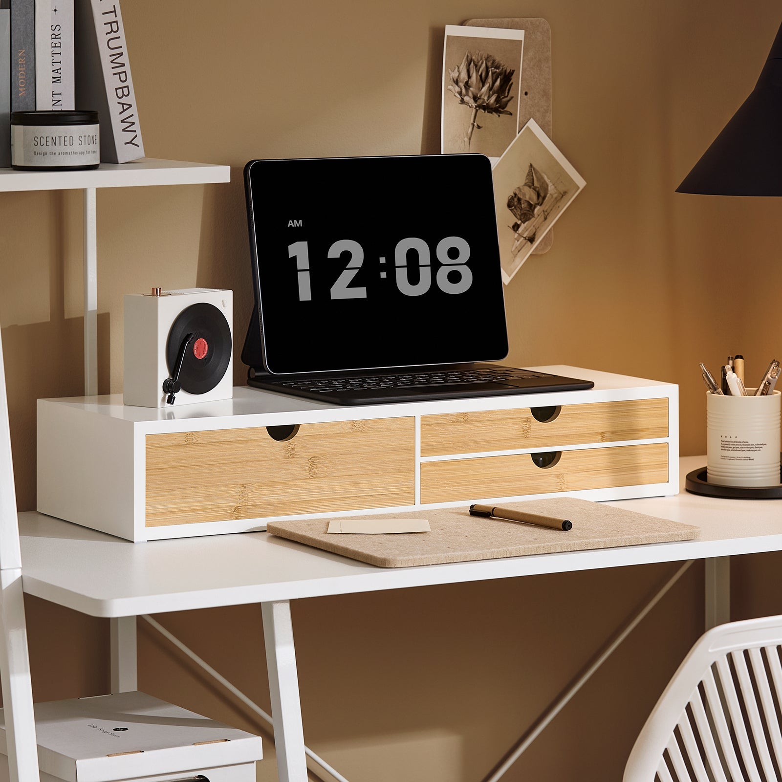 supporto per monitor con 3 cassetti Bianco-Naturale 60x22x11 cm BBF11-WN