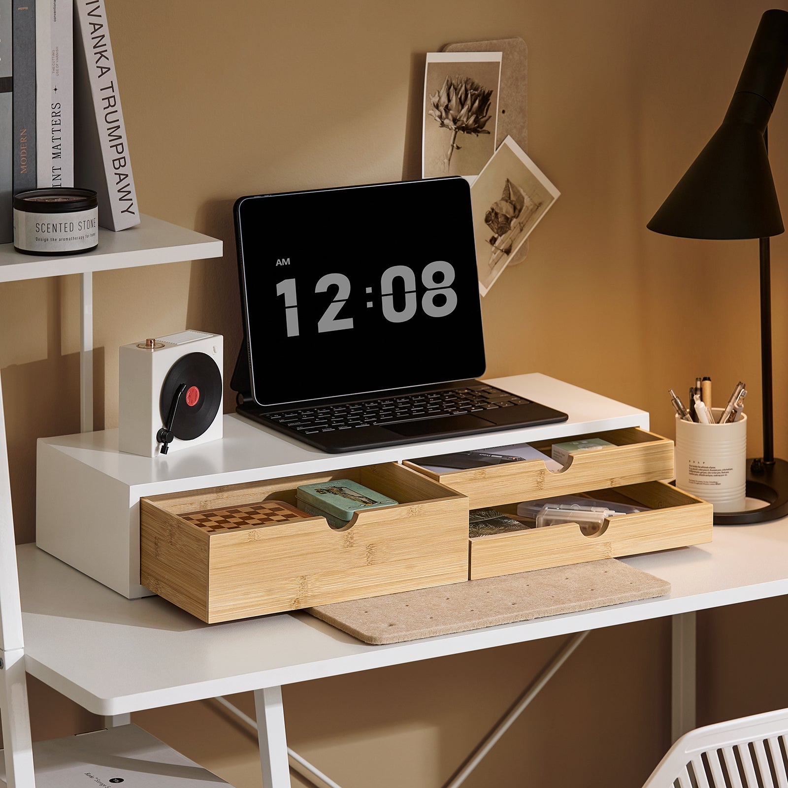 supporto per monitor con 3 cassetti Bianco-Naturale 60x22x11 cm BBF11-WN