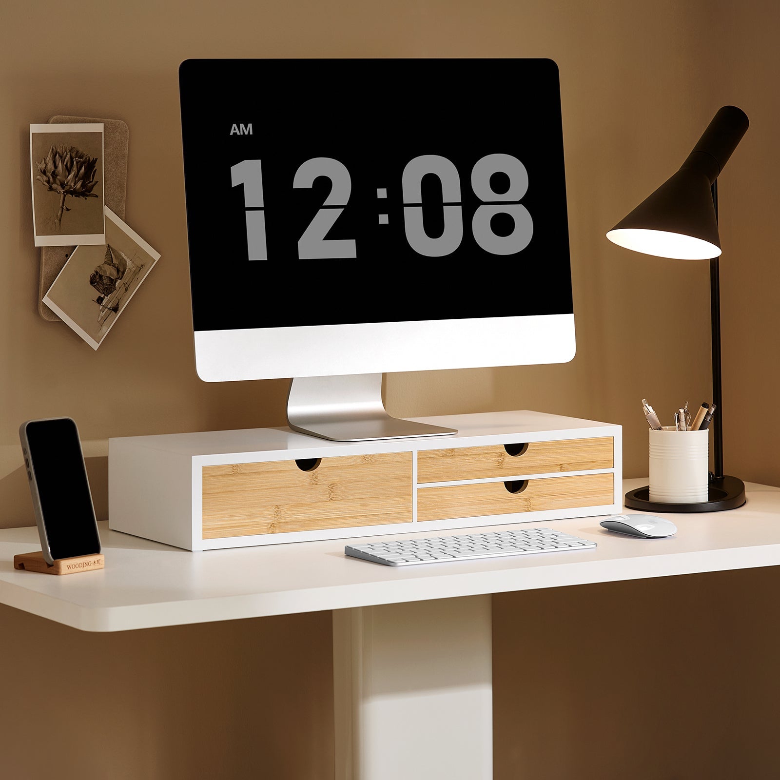 supporto per monitor con 3 cassetti Bianco-Naturale 60x22x11 cm BBF11-WN