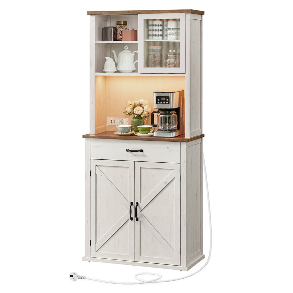 Mobiletto portaoggetti con luci e caricabatterie mobiletto da cucina con ante e cassetti mobiletto portaoggetti/caffè ripiani regolabili 397 x 804 x 1803 cm stile country bianco 12_0006414