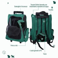Trasportino Zaino 2 in 1 per Cani e Gatti con Tasche Laterali, Maniglia Telescopica e Ruote, 42x25x55cm, Verde