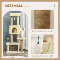 Albero Tiragraffi per Gatti Alto 136 cm con Cuccia Rimovibile, Casetta e Lettino, Pali in Iuta, Beige
