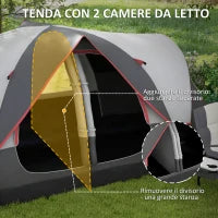 Tenda da Campeggio 6 Posti con 2 Stanze Separate, Poliestere e Fibra di Vetro, 450x215x180 cm, Grigio