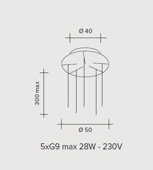 BEBA  LAMPADARIO A SOSPENSIONE TONDO 5 LUCI VETRI BRONZO ATTACCO G9 D.15CM