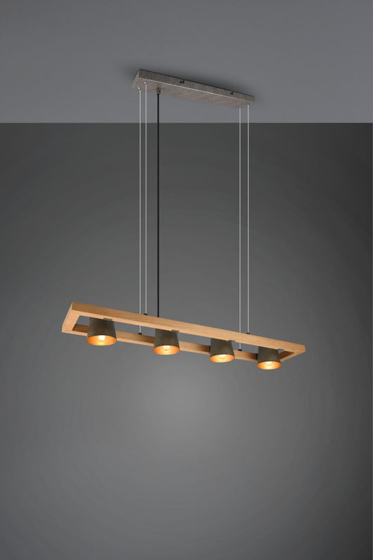 BELL SOSPENSIONE LEGNO NATURALE 4 SPOTS ORIENTABILI DIFFUSORI METALLO ACCIAIO ANTICATO INTERNO ORO L. 100CM ATTACCO E14