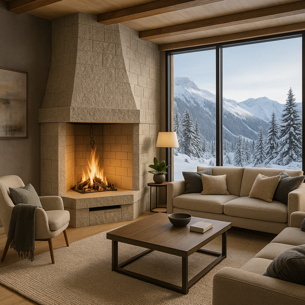 Camino a legna prefabbricato con focolare aperto refrattario rot80ref calore