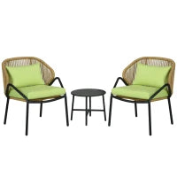 Set di Mobili da Giardino in Rattan, 3 Pezzi, Cuscini per Seduta e Schienale, Rattan Sintetico, Struttura Metallica, Verde