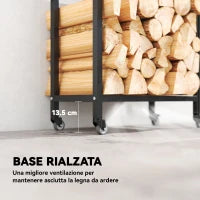 Portalegna da Esterno e Interno a Due Livelli con Ruote in Acciaio Rinforzato, 60x30x119 cm, Nero