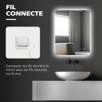 kleankin Specchio Rettangolare Luminoso a LED da Parete per Bagno 80 x 60 cm, Luminosità Regolabile, Bianco e Trasparente