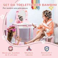 Set Tavolo Trucco con Sgabello, Specchio e Cassetto in MDF per Bimbi 3-6 Anni, Bianco e Rosa