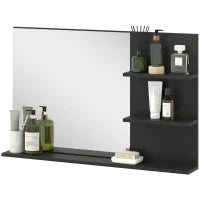 kleankin Specchio Bagno Moderno con 2 Ripiani Laterali e Ripiano Inferiore, in Legno e Vetro, 75x10x48 cm, Nero