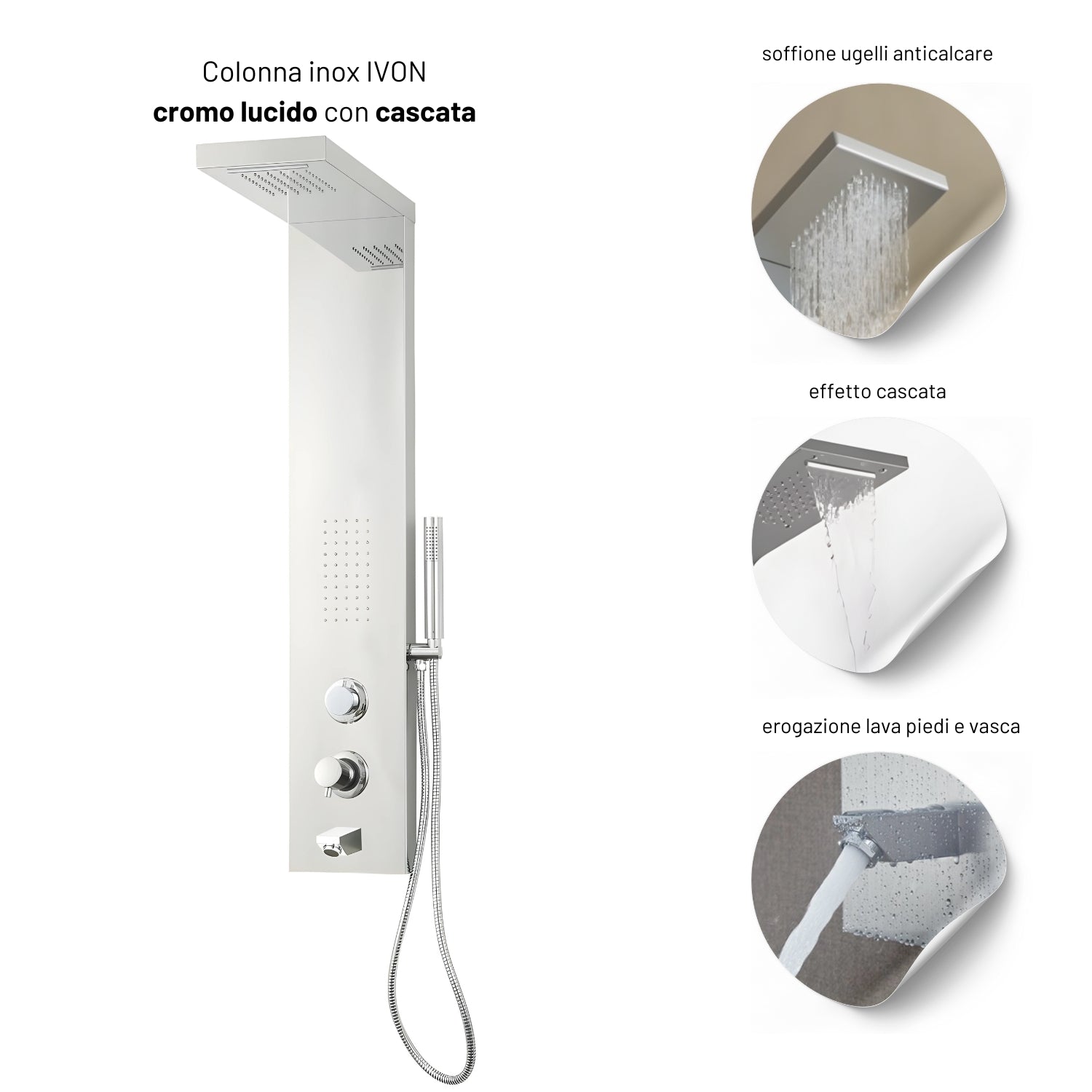 Colonna doccia ivon cascata bocca di erogazione per vasca e idro lombare *** finitura- cromo lucido, confezione 1
