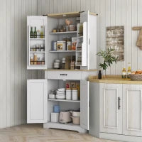 Credenza da Cucina Buffet, 4 Porte, 6 Ripiani a Porta, 1 Cassetto e Ripiani Regolabili, 76,5 x 40 x 181 cm, Bianco
