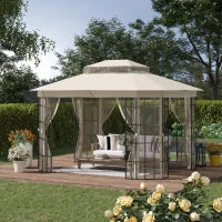 Gazebo da Giardino con Zanzariera, Tetto a 2 Livelli e Struttura in Metallo, 3.7x3m, Beige