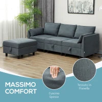 Divano Componibile Modulare 3 Posti con Pouf Poggiapiedi e Cuscini, Rivestimento in Flanella, Grigio Scuro