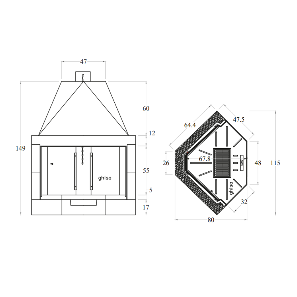 Camino a legna prefabbricato con focolare in ghisa aperto rot100tgh esagonale