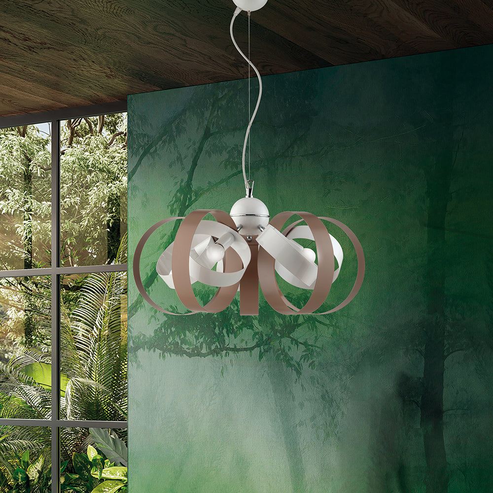 Lampadario Moderno 5 Luci Cerchi Ferro Bianco E Tortora Serie Bolla