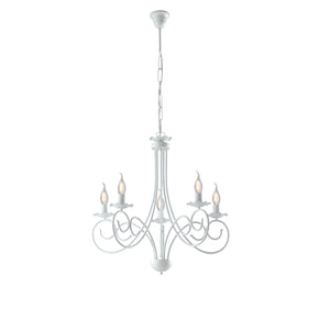 Lampadario Provenzale Candelabro Alma 5 Luci Ferro Battuto Bianco Shabby