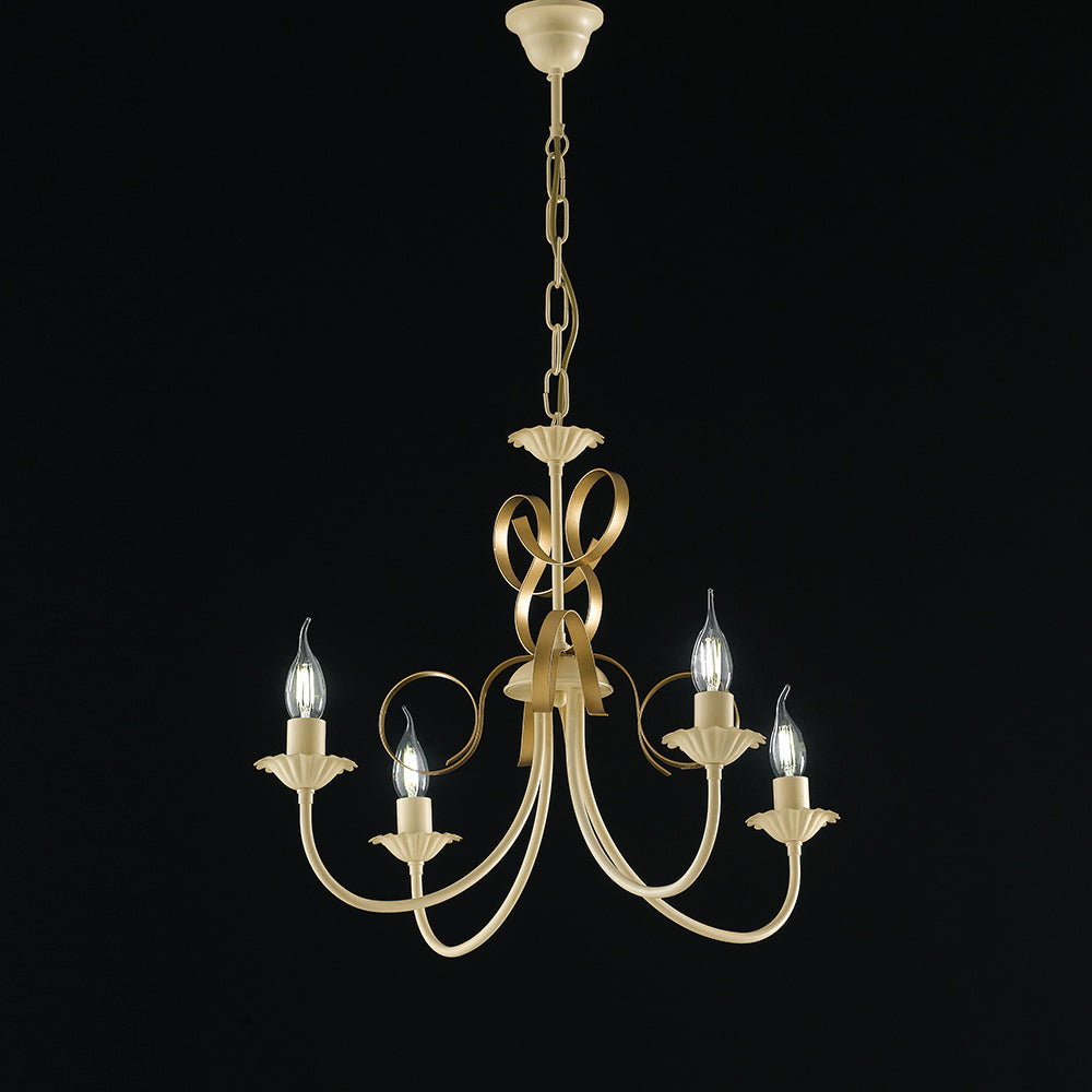 Lampadario Classico 4 Luci Ferro Battuto Avorio E Oro Serie Bandolo