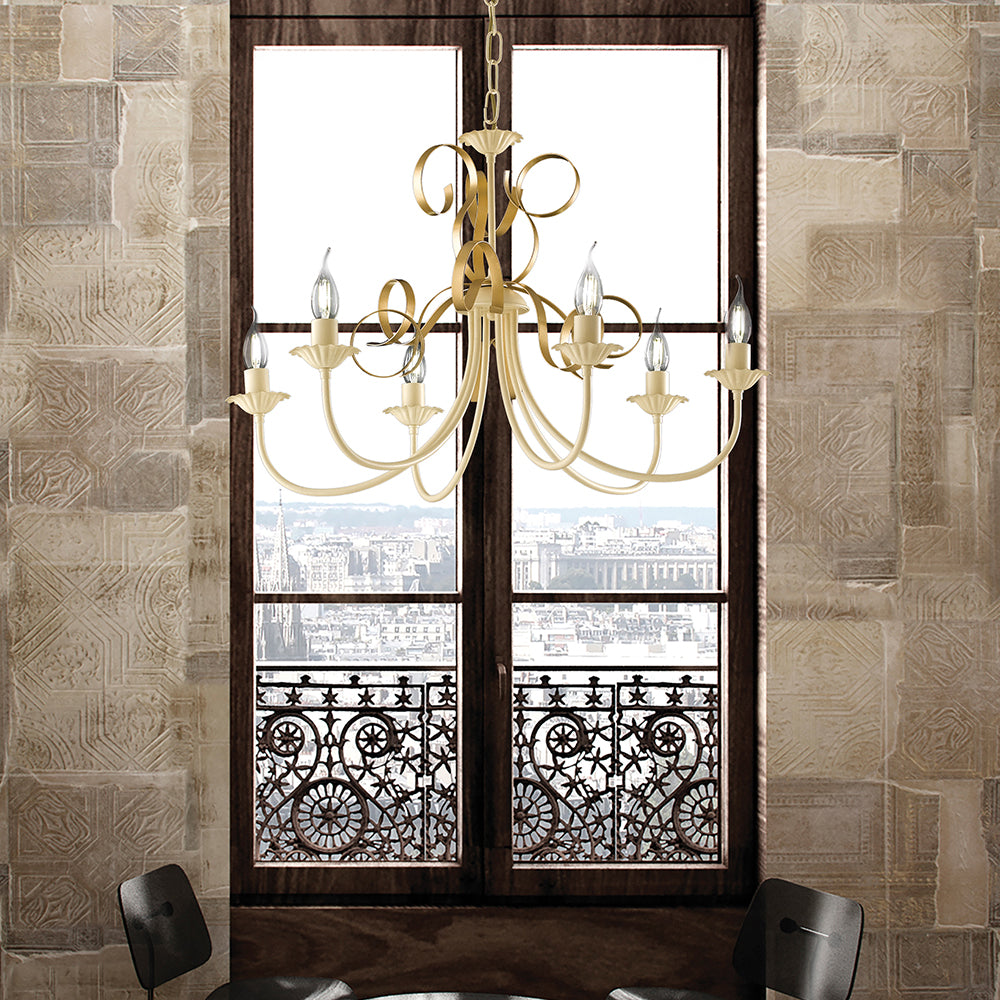 Lampadario Classico 6 Luci Ferro Battuto Avorio E Oro Serie Bandolo