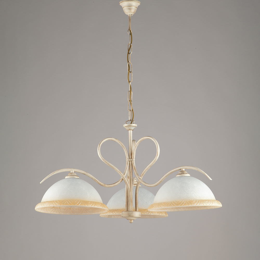 Lampadario Rustico 3 Luci Ferro Battuto Avorio e Vetro Serie Miranda