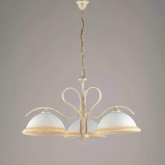 Lampadario Rustico 3 Luci Ferro Battuto Avorio e Vetro Serie Miranda