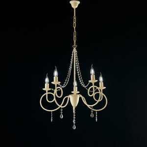 Lampadario Classico 5 Luci Ferro Decapé Avorio E Cristalli Serie Elegant