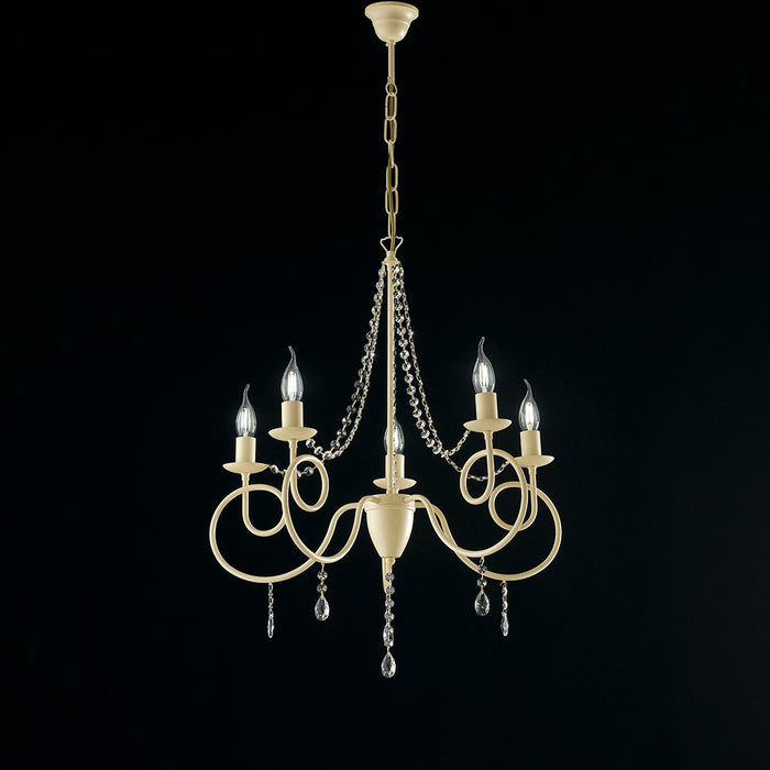 Lampadario Classico 5 Luci Ferro Decapé Avorio E Cristalli Serie Elegant