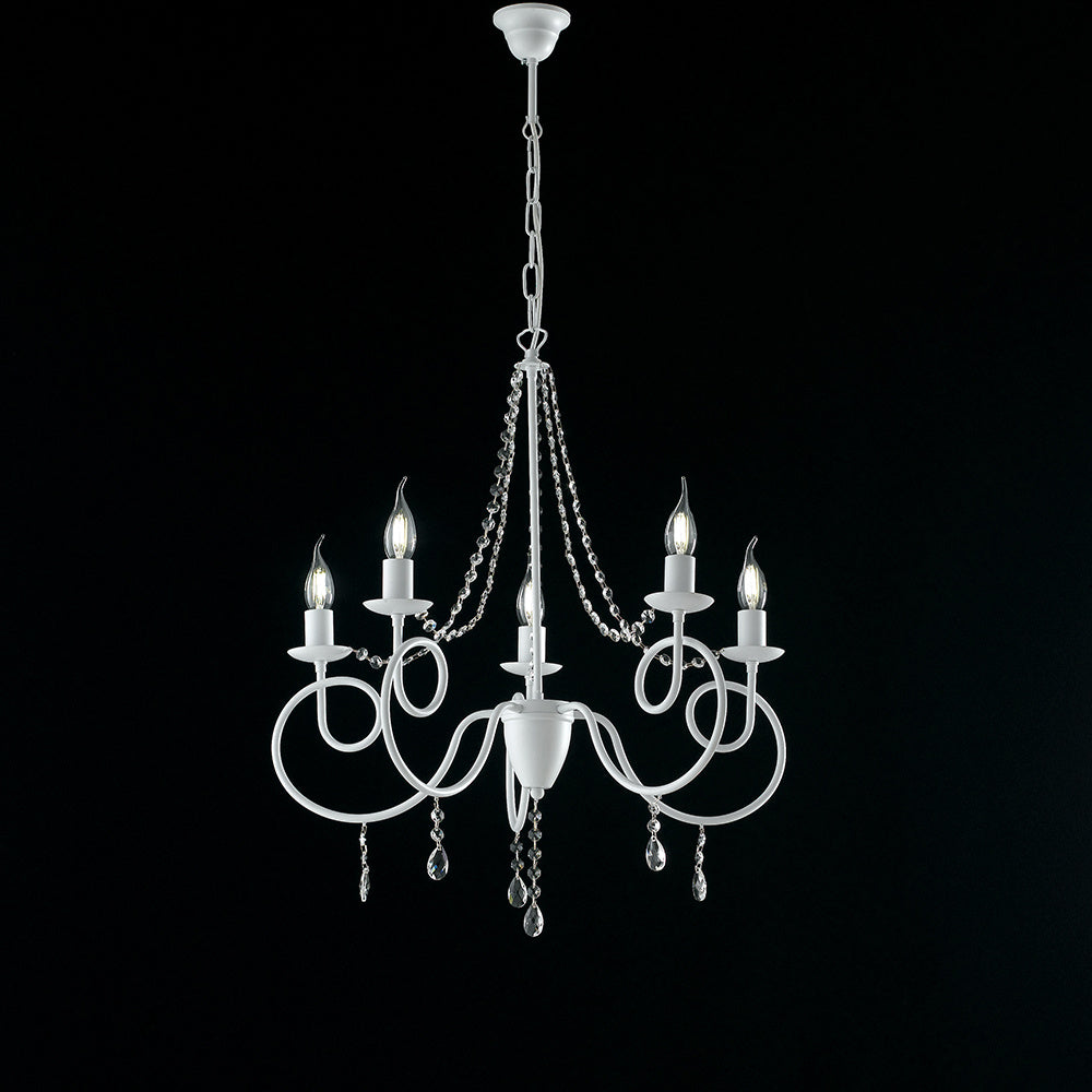 Lampadario Classico 5 Luci Ferro Bianco Shabby e Cristalli Serie Elegant