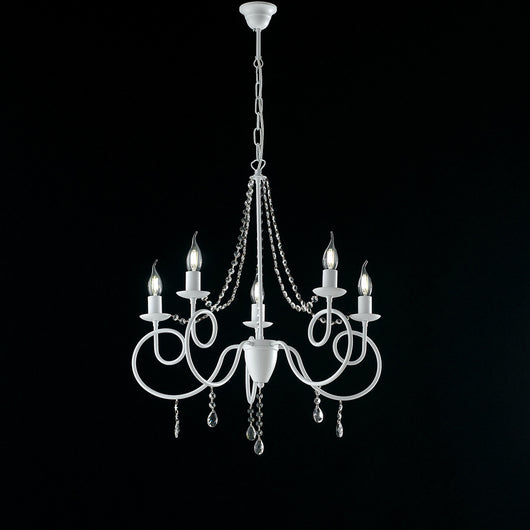 Lampadario Classico 5 Luci Ferro Bianco Shabby e Cristalli Serie Elegant