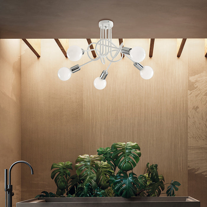 Plafoniera Minimal 5 Luci In Ferro Laccato Bianco Particolari Cromo Serie Pop